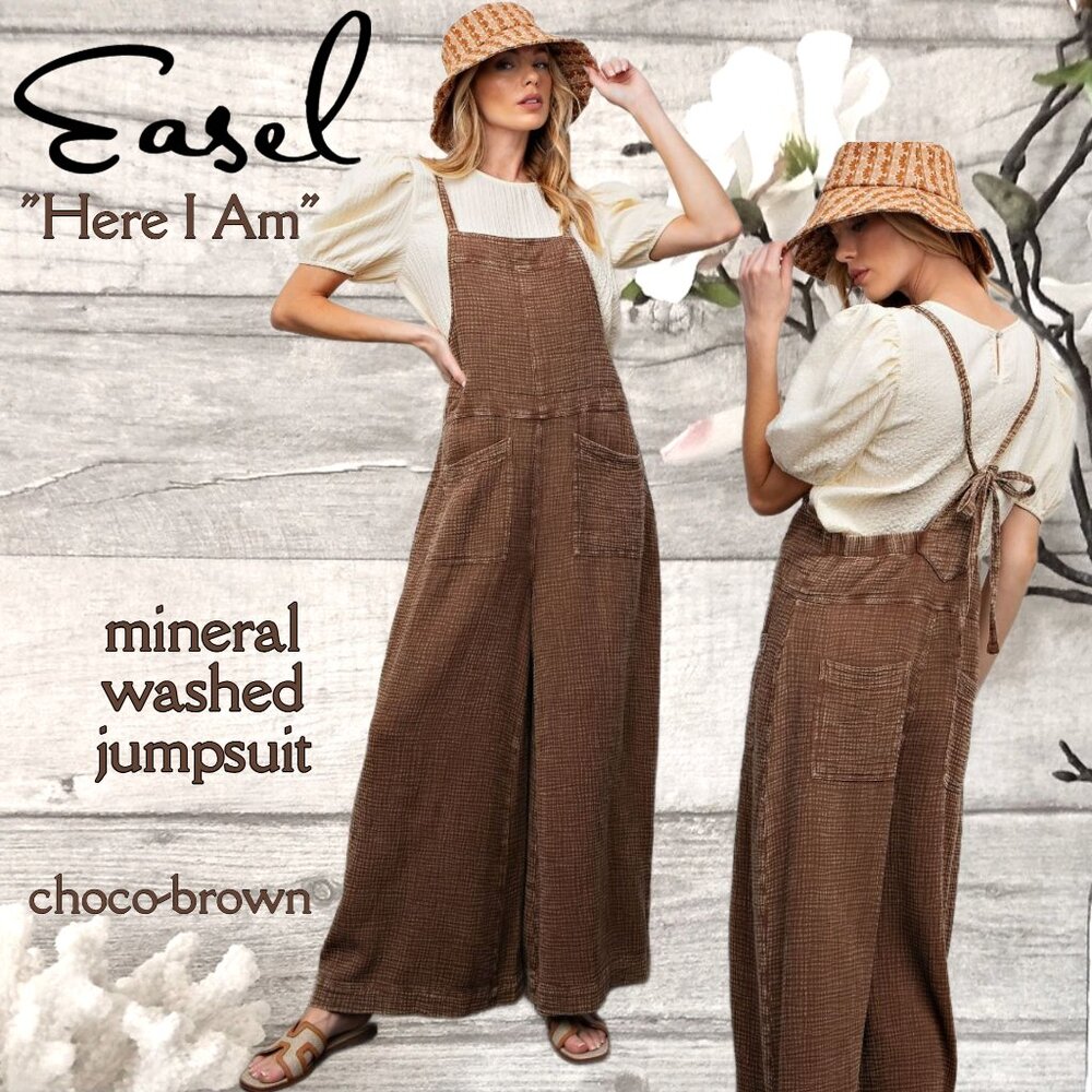 EASEL "Here I Am" Mineral Washed Wide Leg Jumpsuit Adjustable Tie Straps Pockets